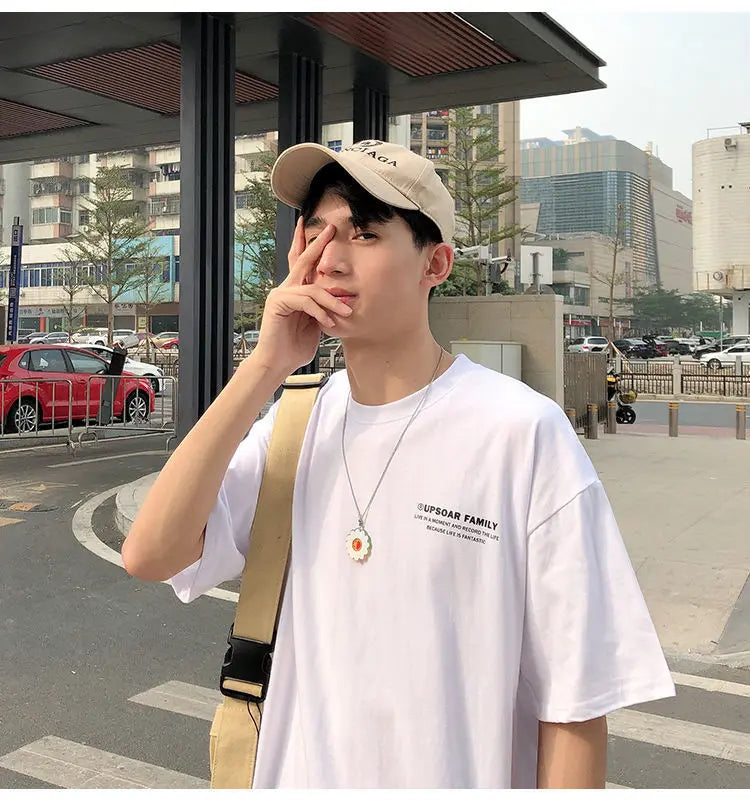 Pure cotton short-sleeved men's summer Hong Kong style design t-shirt ins trendy brand loose bottoming versatile round neck tops Street King Limited