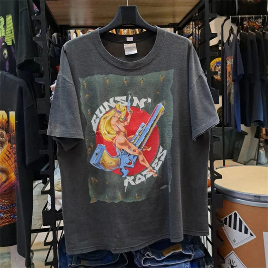 Summer Guns and Roses American Style Vintage High Quality Casual Short Sleeved T-shirt Cartoon Print High Version High Street Street King Limited