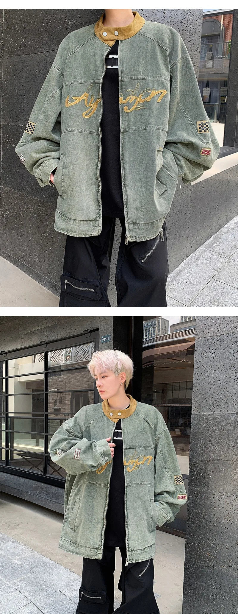 motorcycle hip hop mens cowboy jackets autumn 2024 embroidered washed trend denim coats stand collar color blocking outwear unique jeans style 2767