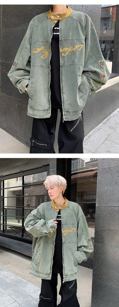 motorcycle hip hop mens cowboy jackets autumn 2024 embroidered washed trend denim coats stand collar color blocking outwear unique jeans style 2767