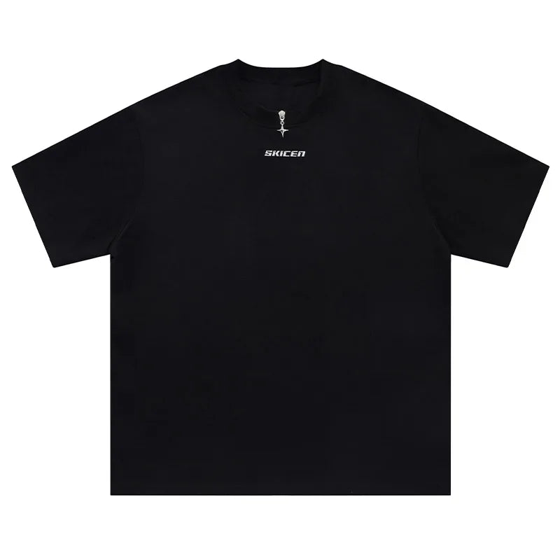 Men T-Shirt Four-pointed Star Zipper Contrast Tees Harajuku Hip Hop Streetwear Metallic Printed Loose Casual Tops T Shirt Unisex Street King Limited