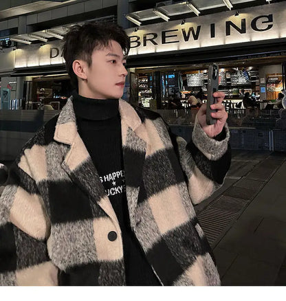 plaid woolen trenchcoat men autumn winter fashion retro streetwear suit collar loose casual trendy trench coat outerwear unique default style 1190
