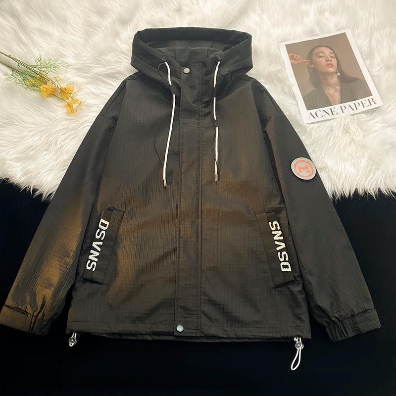 korean style punch jacket men autumn new epaulet design hooded jackets waterproof windproof loose unisex coats unique default style 5068