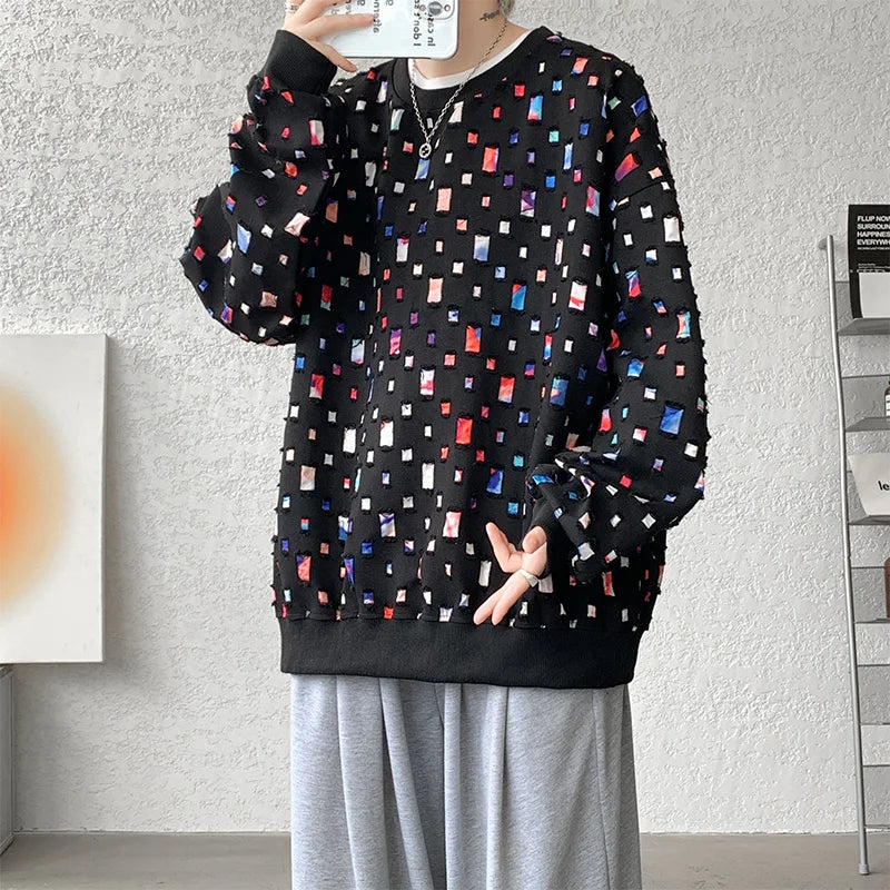 Cotton Hollow Hoodie Men Oversized Plaid Sweatshirt Men Streetwear Hip Hop Loose Pullover Hoodie Mens Round Neck Hoody M-3XL Street King Limited