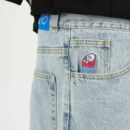hip hop streetwear big boy jeans y2k embroidery pattern retro blue baggy jeans pants men women fashion pants clothing unique jeans style 1365