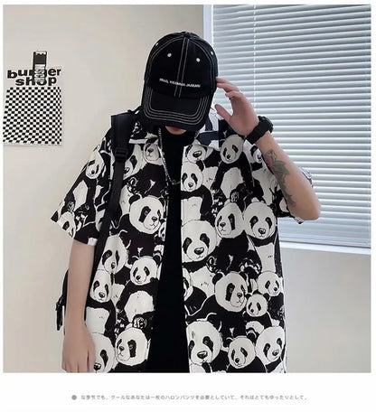 Streetwear Summer Panda Printed Shirts For Men Casual Loose Short Sleeved Camisas Summer Panda Printed Shirts For Men Casual Loose Short Sleeved Camisas Couples Streetwear Fashion Tee Shirt Luxury Social Shirt Fashion Sweater Jacket With Graphic Design For Men