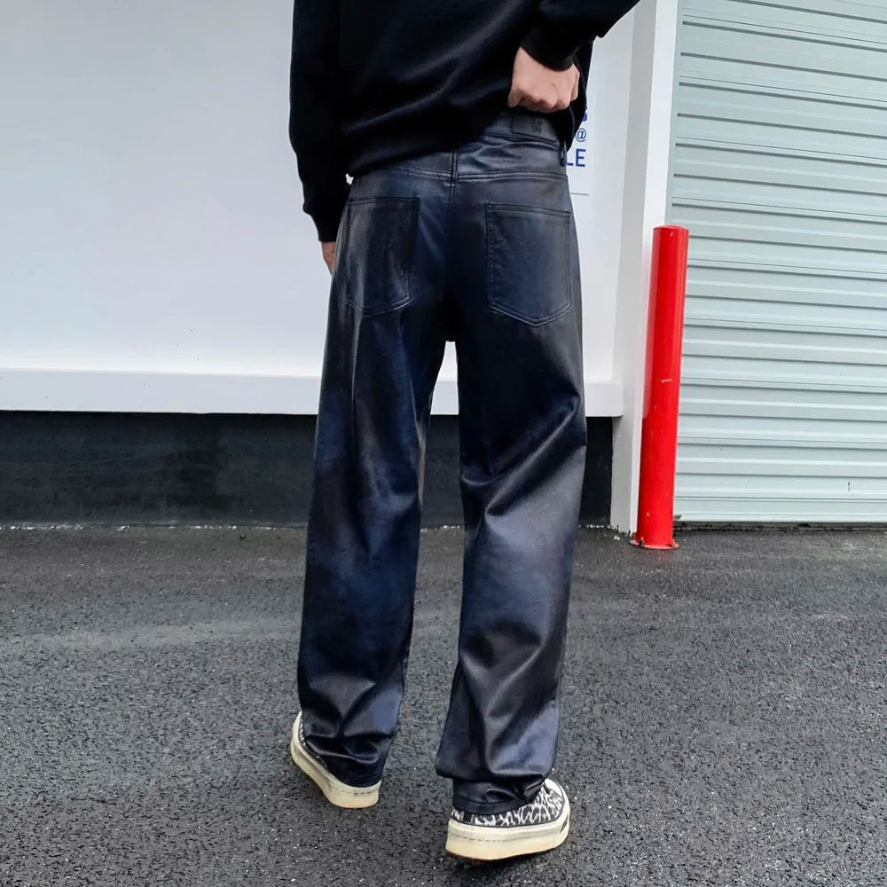 men streetwear fashion hip hop punk gothic vibe casual straight leather pant man y2k trousers motorcycle pants stage clothing relaxed fit trousers