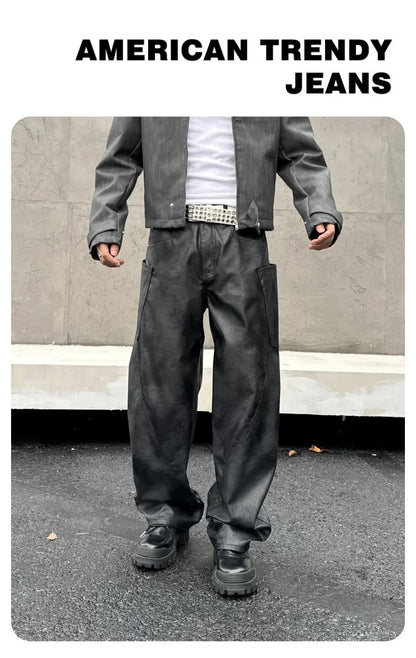 men brand fashion splice pocket loose casual wide leg leather baggy pant cityboy streetwear cargo motorcycle pants trousers unique cargo style 2428