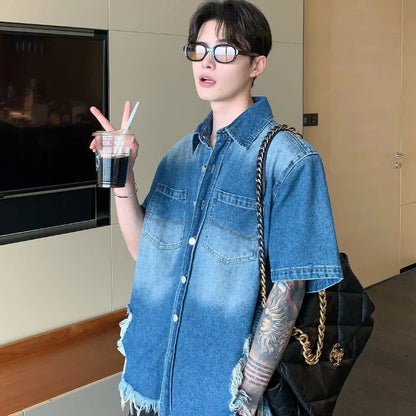 summer trend mens set shoulder padded short sleeved denim shirt quick drying casual pants 2 pcs set american retro street suit stacked flare jeans