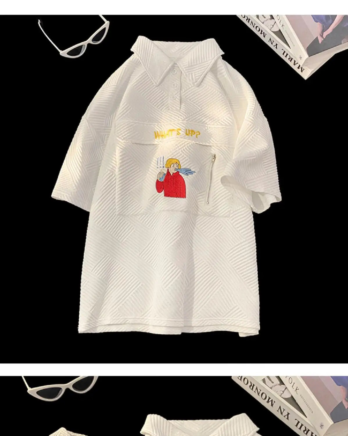 Korean waffle short-sleeved polo shirt with cartoon pattern summer jacquard collar t-shirt for men ins Hong Kong style loose top Street King Limited
