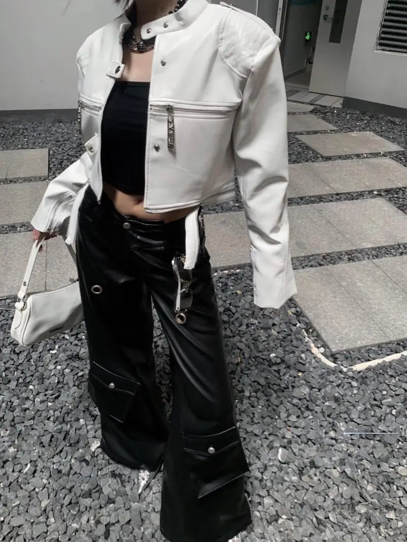 european and american heavy industry multi zipper design spider web shoulder pad leather jacket for women 2024 new jacket top unique default style 1572