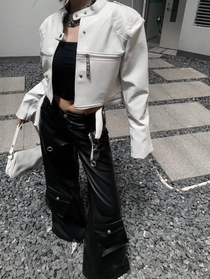 european and american heavy industry multi zipper design spider web shoulder pad leather jacket for women 2024 new jacket top unique default style 1572