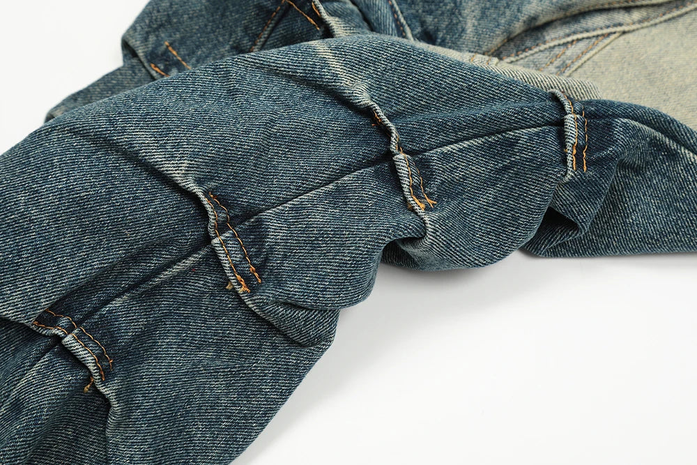 streetwear side pockets pleated washed blue jeans unisex straight baggy y2k denim pants ropa hombre casual cargo pants oversized unique cargo style 5210