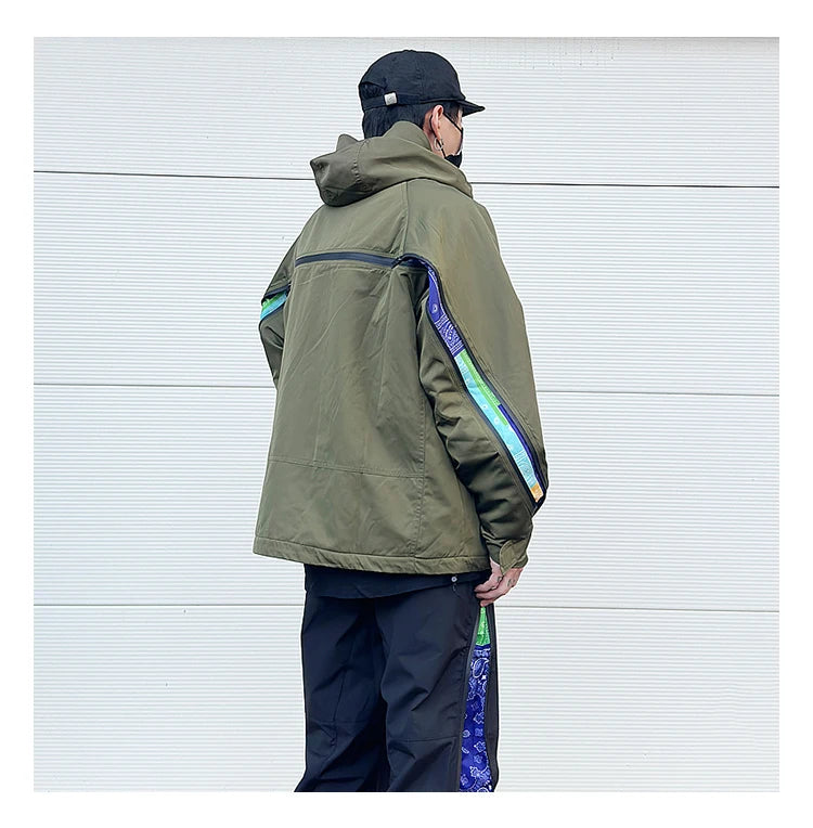 men hip hop streetwear jacket paisley zip up patchwork windbreaker cargo cotton padded coat hooded track jacket tactical outwear unique cargo style 4823