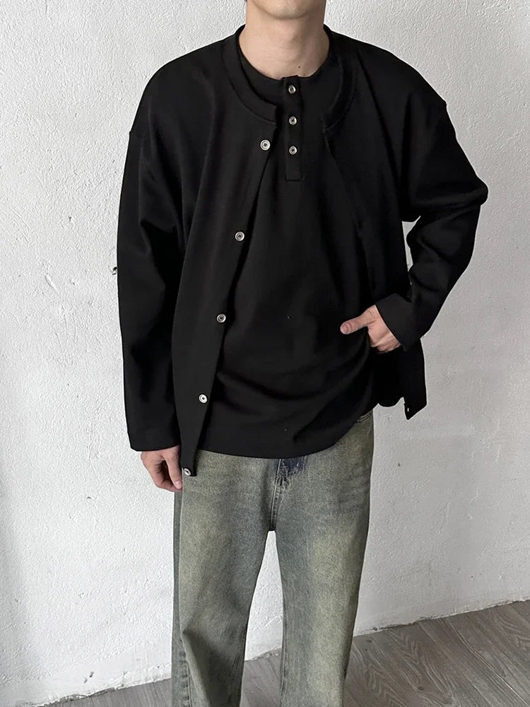 Streetwear New Casual Fake Two Piece Sweatshirts For Men Solid Color Henley Neck 2024 New Casual Fake Two Piece Sweatshirts For Men Solid Color Henley Neck Button Jackets Korean Fashion Loose Y2K Sudaderas Fashion Sweater Jacket With Graphic Design For Men