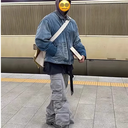 high street y2k lapel worn frayed cleanfit work jacket unisex washed casual chaquetas hombre ropa casual bomber coat oversized clean everyday pants