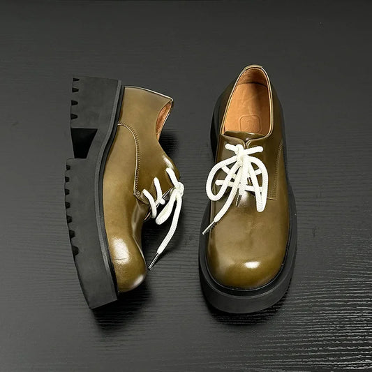Men Genuine Leather Streetwear Fashion Casual Real Derby Shoes Male Vintage Japan Korean Cityboy Cow Leather High Heels Shoes Street King Limited