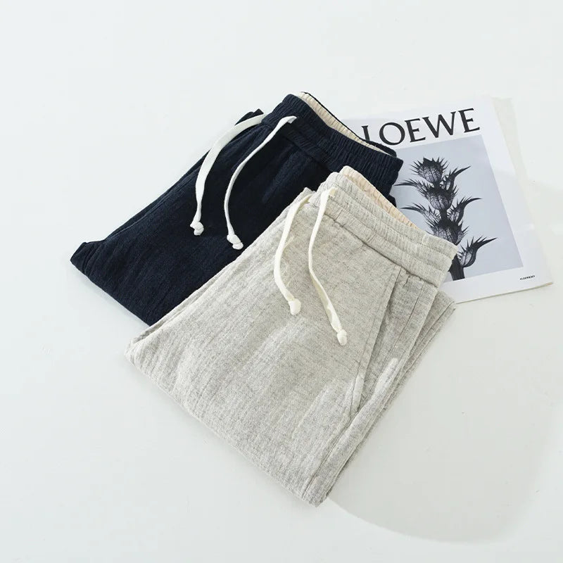 Autumn And Winter Double-layer Linen Texture Casual Straight Leg Pants For Men Sold Color Elastic Loose Men's Linen Trousers Street King Limited