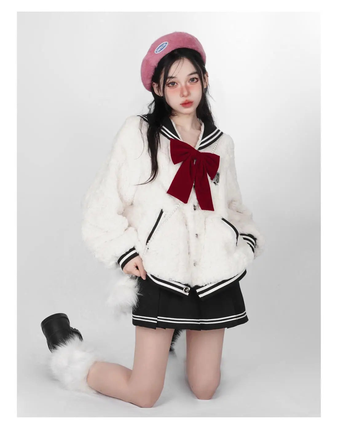 Harajuku Sweet Thicknecked Bow College Coat Woman Zip Up Hoodie Sailor Suit Plush Hoodies Women 2023 Streetwear Goth Y2k Clothes Street King Limited