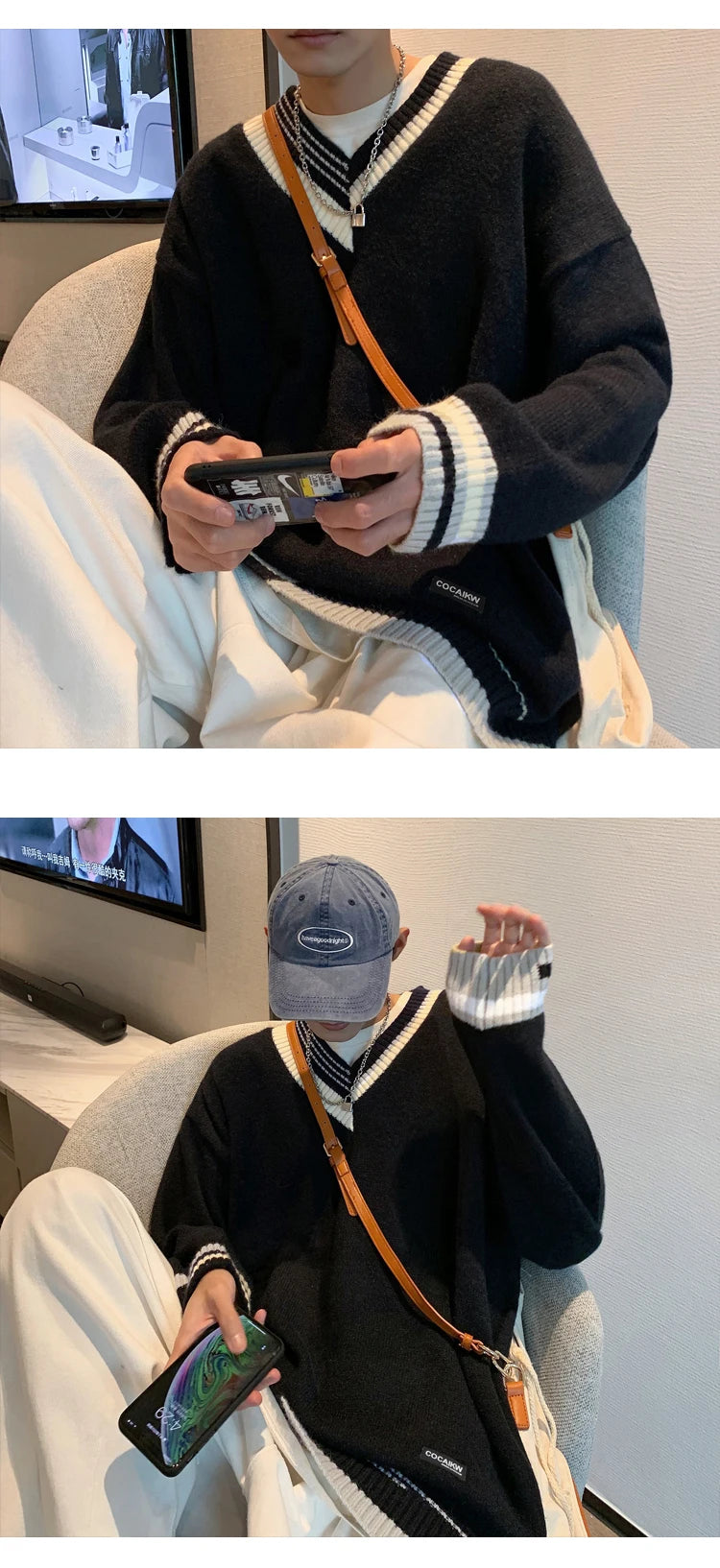Pullovers Men Sweater Patchwork Ins Fashion Winter Design Couple V-neck Harajuku Knitwear Loose Students Simple Ropa Para Hombre Street King Limited