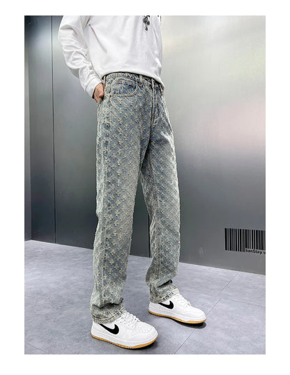 Men Wide Leg Denim Pants High Street American Retro Jacquard Loose Straight Jeans Y2K Fashion Streetwear Baggy Trousers Street King Limited