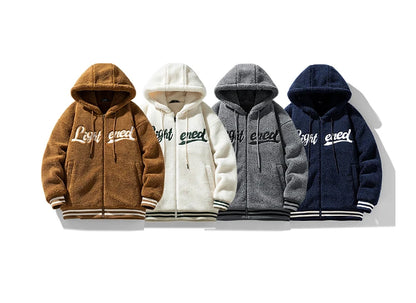 men fleece jackets and coats casual letter embroidery hairy zipper hooded outerwear warm streetwear parkas loose bomber jacket unique default style 3465