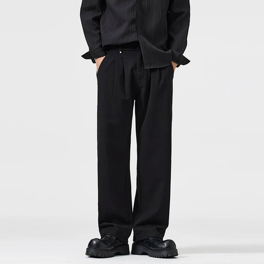 mens trend streetwear fashion loose casual plus size straight wide leg suit pant office man commute work pants trousers relaxed fit trousers