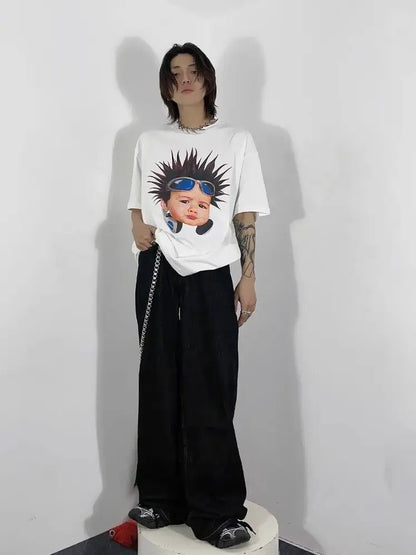 Korean pure cotton printed short-sleeved T-shirt for men and women creative angel hip-hop street Y2K loose half sleeved top Street King Limited
