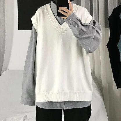 Men Sweater Vest V Neck Solid Color Sleeveless All Match Spring Sweater for School Male Pullovers Men's Clothing Streetwear Street King Limited