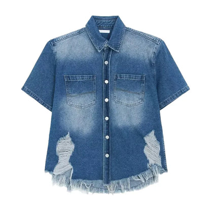 summer trend mens set shoulder padded short sleeved denim shirt quick drying casual pants 2 pcs set american retro street suit unique jeans style 3906
