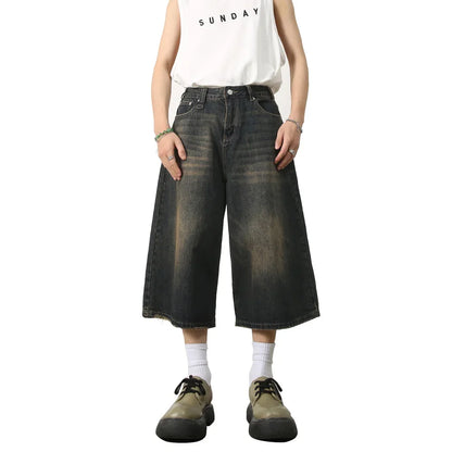 men summer streetwear fashion loose casual wide leg denim calf length jeans pants male vintage jeans baggy hosen pants vintage washed jeans