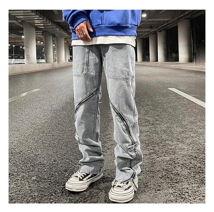 fashion denim straight pants hip hop jeans with zipper streetwear trousers new summer casual joggers men designer jeans for men unique joggers style 141