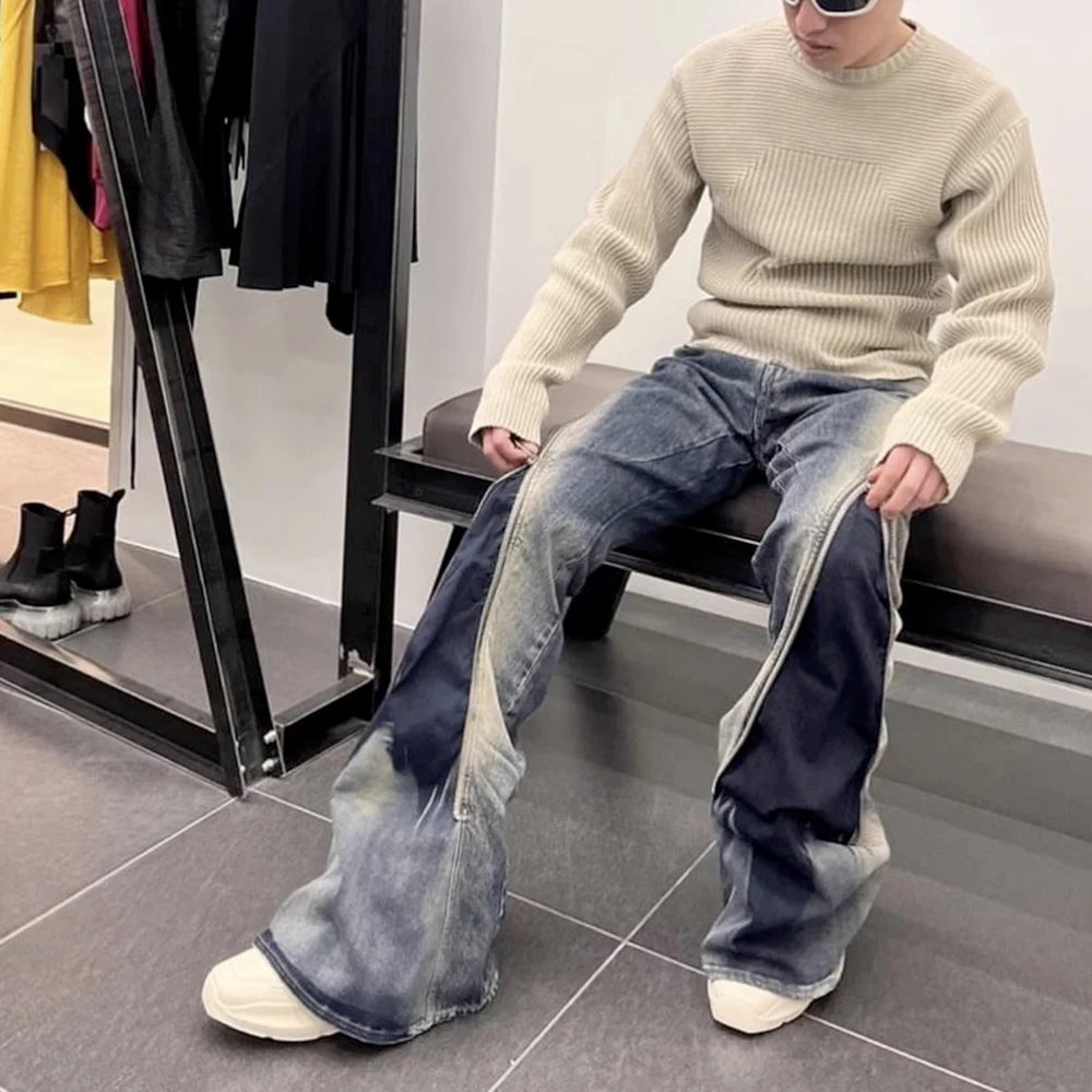 Ro Style Gradient Blue Horn Stacked Floor Dragging Jeans Unisex Streetwear Baggy Y2K Ribbons Zipper Denim Trousers Oversized Street King Limited