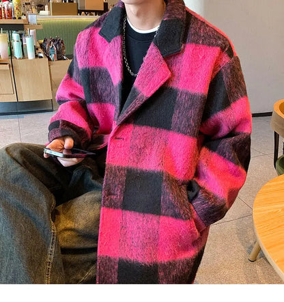 plaid woolen trenchcoat men autumn winter fashion retro streetwear suit collar loose casual trendy trench coat outerwear unique default style 1205