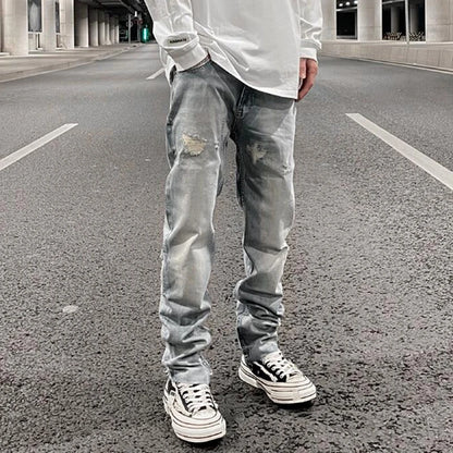 ripped hole distressed black blue washed mens jeans straight casual baggy pockets pencil pants streetwear loose denim trousers denim street jeans