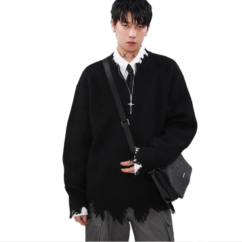 American High Street Mens Sweater 2024 New Autumn Half Zipper Fashion Knitted Tops Damaged Hip-hop Irregular Hem Pullover Street King Limited