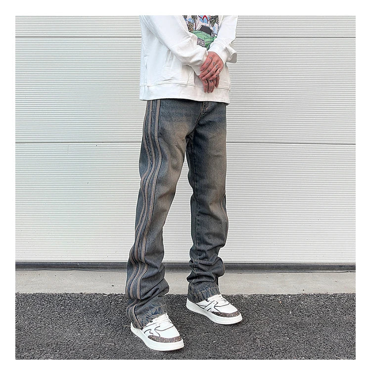 high street vibe washed striped flared jeans dark blue distressed jean casual side stripes slim micro flared jeans pants male unique jeans style 1665