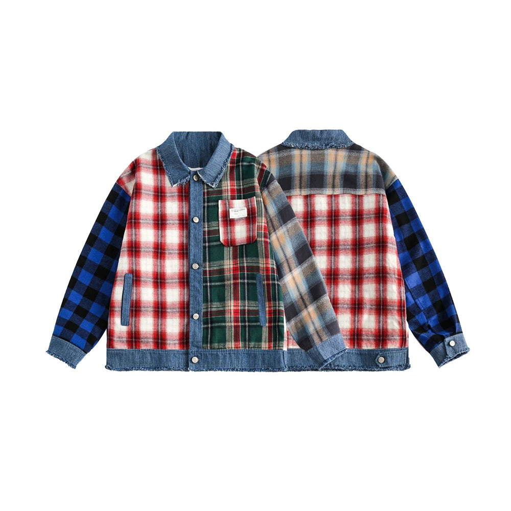 men hip hop denim jacket plaid patchwork oversized harajuku y2k unisex jeans jackets 2023 man fashion causal jacket outwear unique jeans style 1398