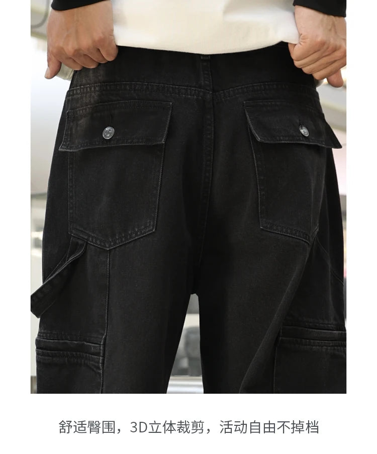 men american streetwear fashion loose casual hip hop wide leg black denim baggy jeans pants man y2k cargo jeans trousers unique cargo style 2215