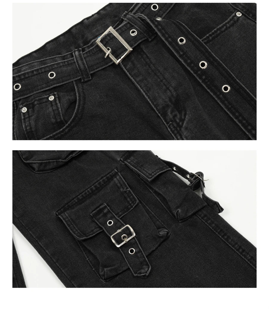 fashion loose streetwear cargo denim jeans unisex casual multi pocket straight jean pants with belt hip hop joggers baggy jeans unique joggers style 2707