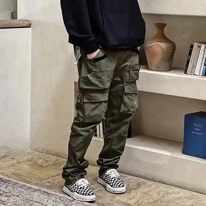 Harajuku Multi-pockets Straight Flare Pants Mens High Street Elastic Waist Solid Loose Casual Cargo Pants Hip Hop Baggy Trousers Street King Limited