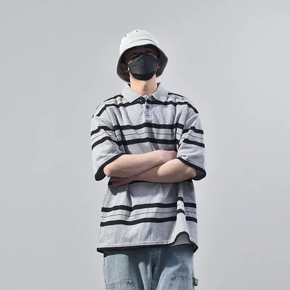 Summer Korean Personalized Men's Retro POLO Shirt Gray and Black Striped Breathable Men's Women's Y2K Summer Half-sleeved Top Street King Limited