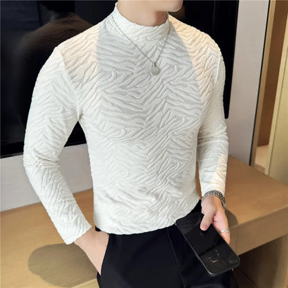 Semi-turtleneck Stretch Slim Fit T Shirt Men Long Sleeve Thicken Velvet Tiger-pattern Bottom T-shirt Business Casual Tshirt Street King Limited