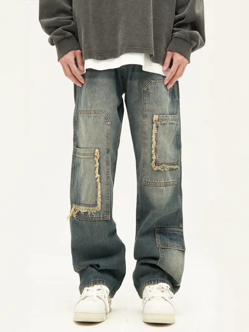 retro washed denim jeans destroyed ripped loose mens biker jeans side pocket fashion streetwear hip hop straight pants joggers streetwear sweatpants