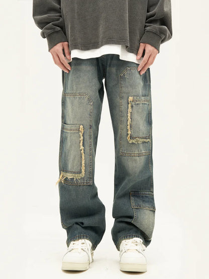 retro washed denim jeans destroyed ripped loose mens biker jeans side pocket fashion streetwear hip hop straight pants joggers streetwear sweatpants
