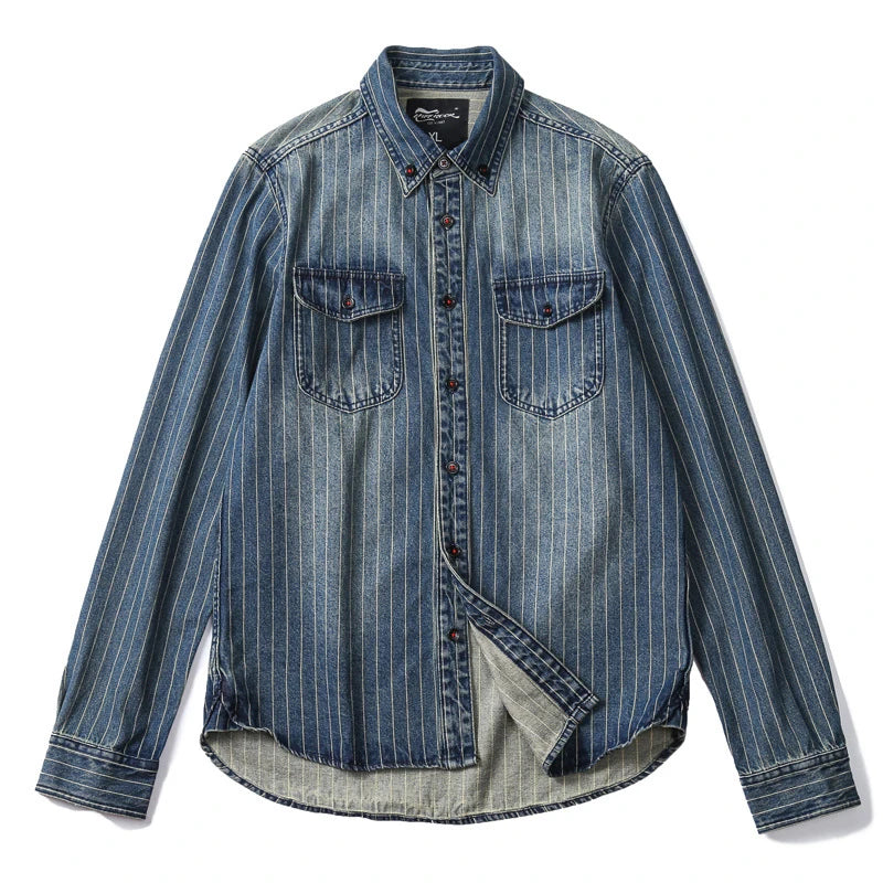 Amekaji VIntage Denim Shirt Men Spring Autumn New Lapel Multi-pocket Blue Striped Long Sleeve Cargo Shirt  Casual Cardigan Tops Street King Limited