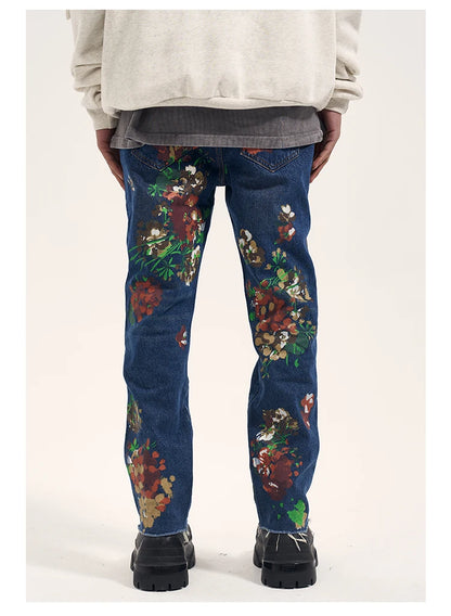 graffiti floral printed denim jean mens new casual zipper biker jeans fashion high street slim fit pants joggers hip hop jeans unique joggers style 561
