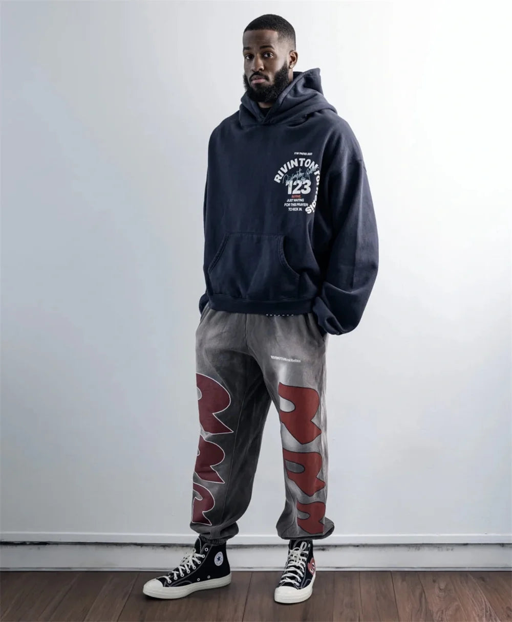RRR123 24FW Sunshine Wash Brown Flower Grey Loose Drawstring Feet Guard Pants Street King Limited