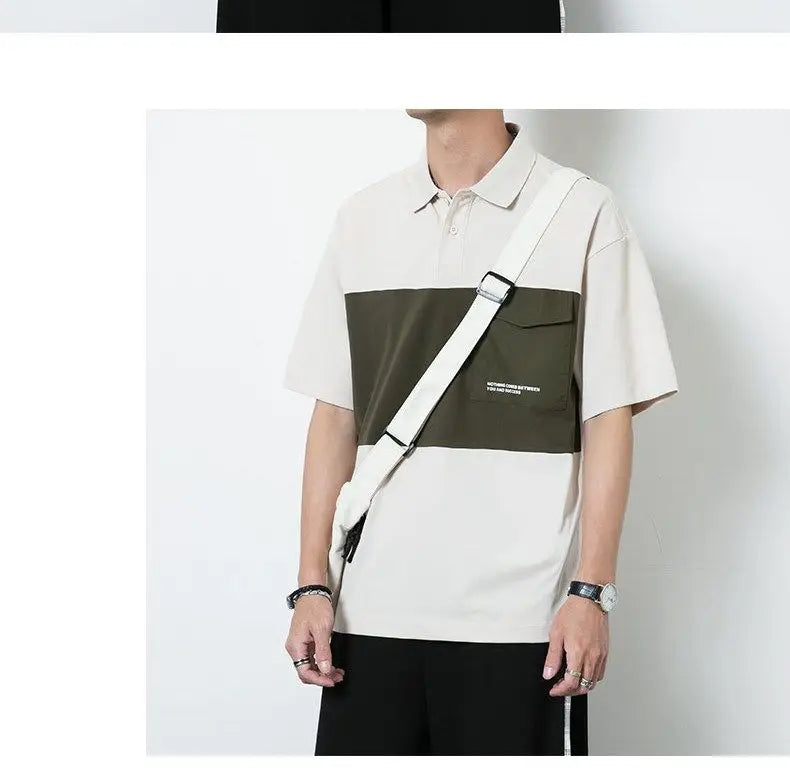 New polo shirt men's contrast color lapel spliced long sleeve t-shirt japanese large size loose sweatshirt bottoming shirt tops Street King Limited