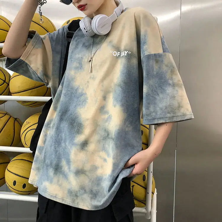 Summer national trend hip-hop tie-dye short-sleevedstyle Korean version ins loose couple's five-point half-sleeved T-shirt top Street King Limited